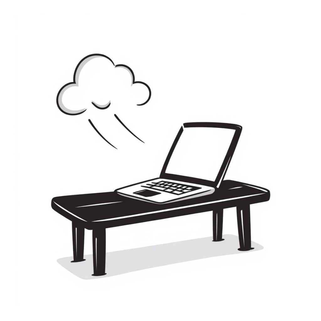 a bench in the sun with a laptop, hand-drawn doodle style sticker