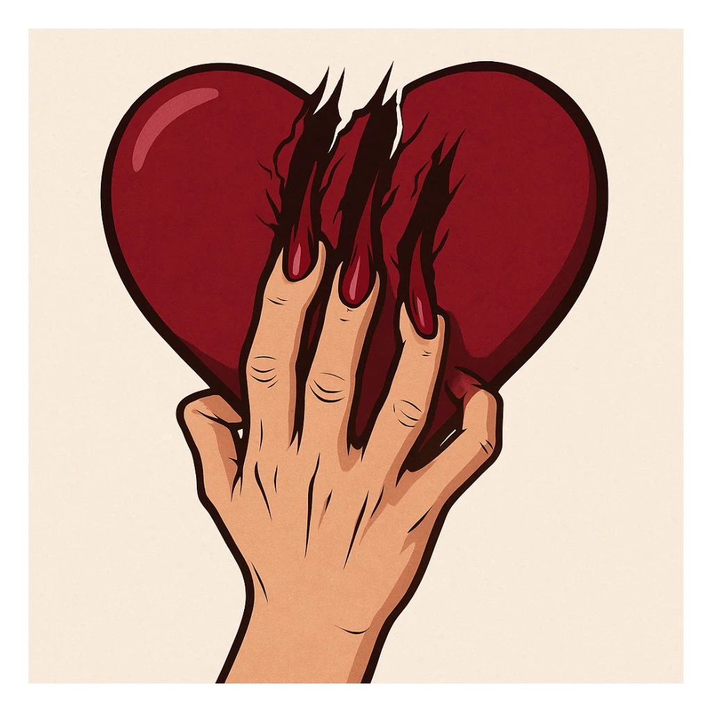 женская рука с маникюром вгоняет когти в винного цвета сердце и сильно раздирает царапает его рисованный стиль sticker