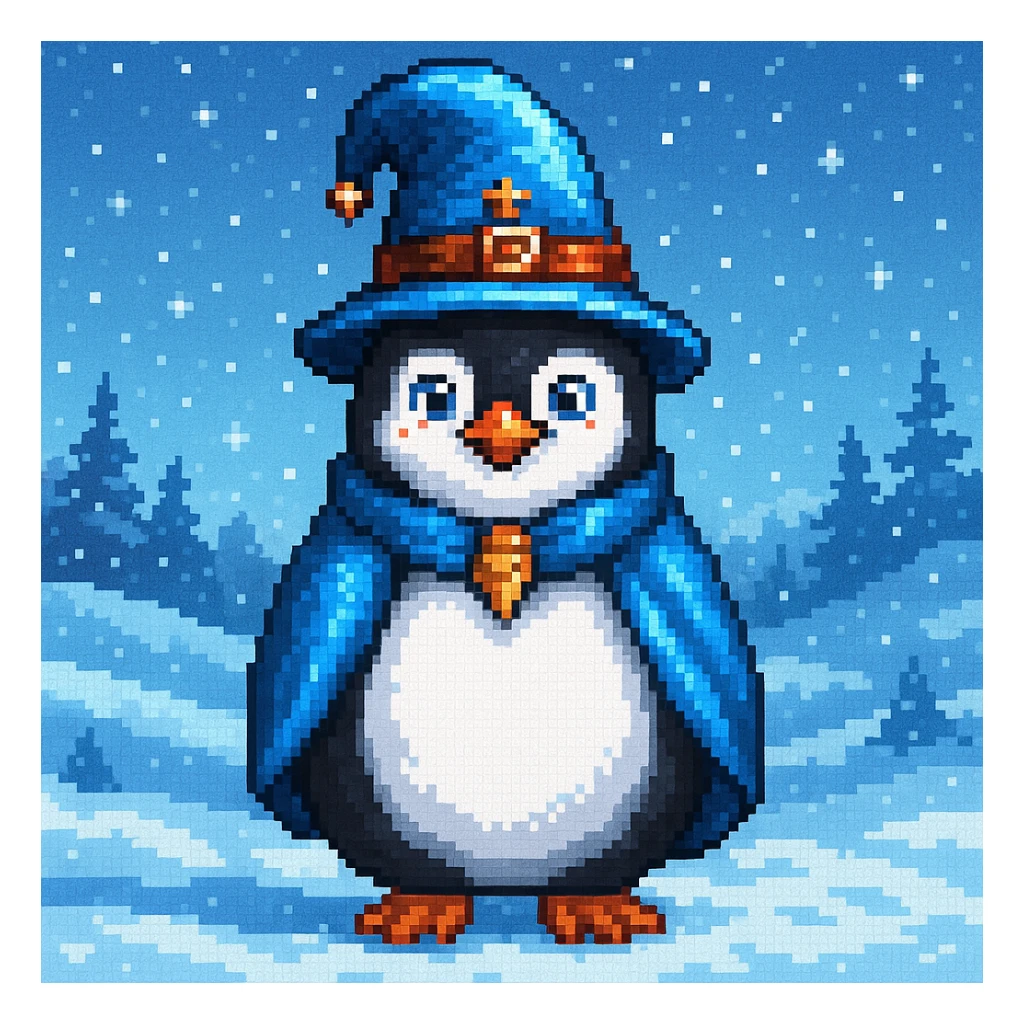 Make a snowy landscape background behind the penguin wizard, keep all original colours and lighting in pixel art style sticker