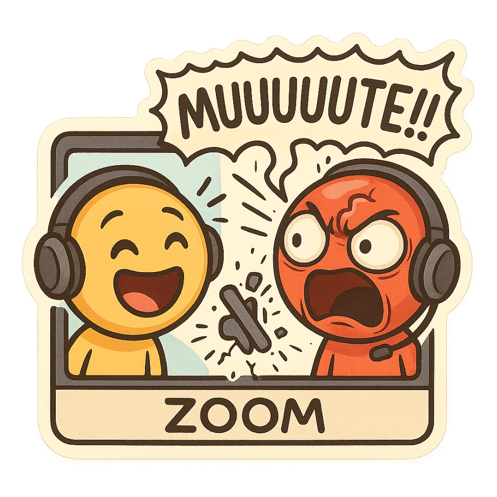 Zoom call scene with two emojis: on the left, a clueless speaking emoji with a smiling face, mouth wide open, leaning in, wearing headphones; on the right, a red angry face emoji with comically huge eyes, one giant vein popping from forehead, wearing headphones, screaming 'MUUUUUTE!!!' in a wobbly, earthquake-style speech bubble that shakes the whole frame; between them, a tiny floating mute icon being crushed by the speech bubble, cracking like an egg sticker