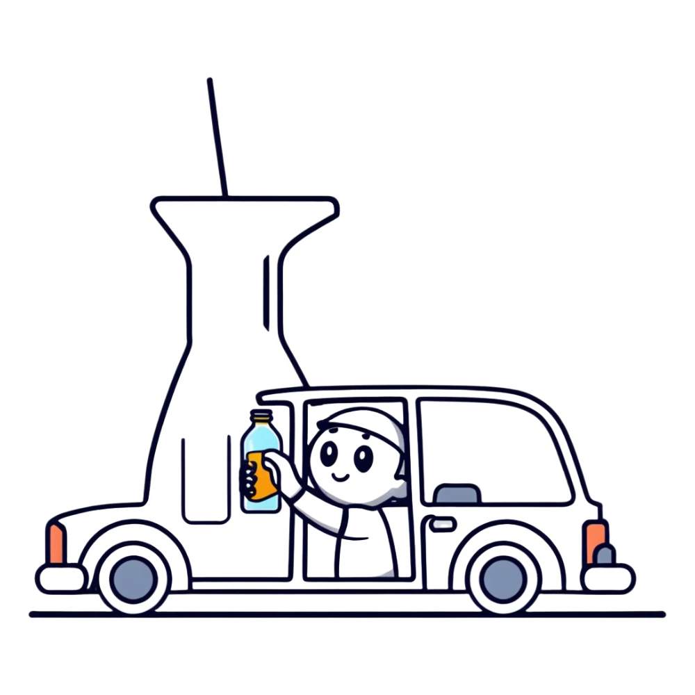 car with a driver sipping from a bottle, wobbly motion lines sticker