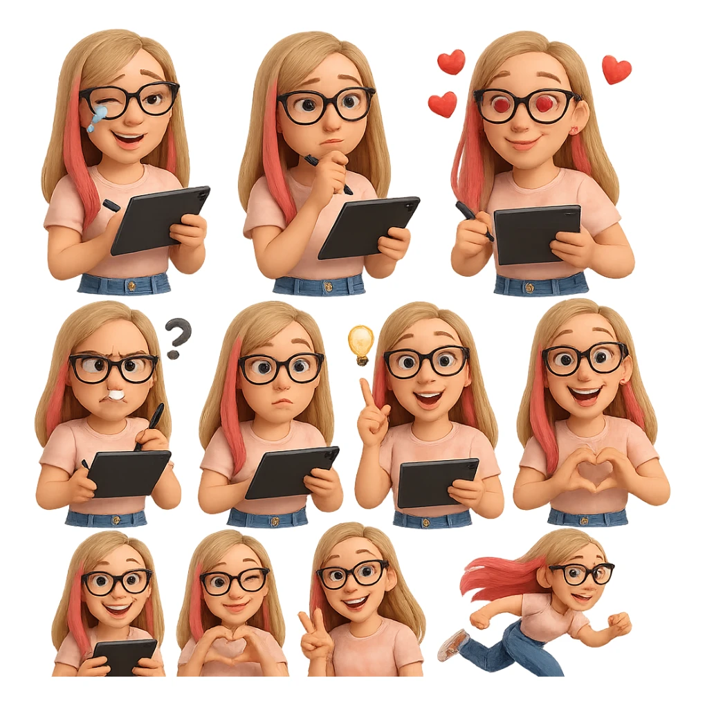«Создай набор из 12 наклеек в стиле 3D cartoon  женского персонажа (30 лет выглядит моложе)  с прямыми светло русыми волосами до лопаток, яркие розовые пряди в волосах), светлой кожей, большими выразительными голубыми глазами, черные очки для зрения формы кошачий глаз, нос чуть с горбинкой.
Персонаж должен носить пастельную розово-бежевую тай дай футболку, голубые джинсы фасона мом, персонаж должен иметь разные выражения: смех до слез, задумчивость, влюбленность (с сердцами вокруг головы), злость с паром из носа, растерянность (со знаком вопроса), наличие идеи (с зажженной лампочкой), плач со слезами из глаз, удивление с открытым ртом, улыбка и  подмигивание, знак мира рукой, создание сердца руками, бегство со всех ног. Размер картинки не ограниченный, чтобы все наклейки вместились без обрезки. Стиль мультяшный  DreamWorks, мягкий свет, прозрачный фон, и добавь персонажу в руки графический планшет следи чтобы выглядело органично, красиво, не нарушая законы природы и физики, можешь добавить в другую руку перо от графического планшета, если это будет позволять смысл стикера» sticker