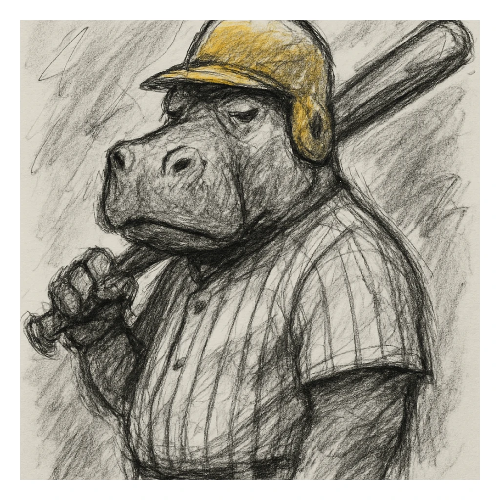 hippo holding a baseball bat, wearing a yellow helmet, pinstripes outfit sticker