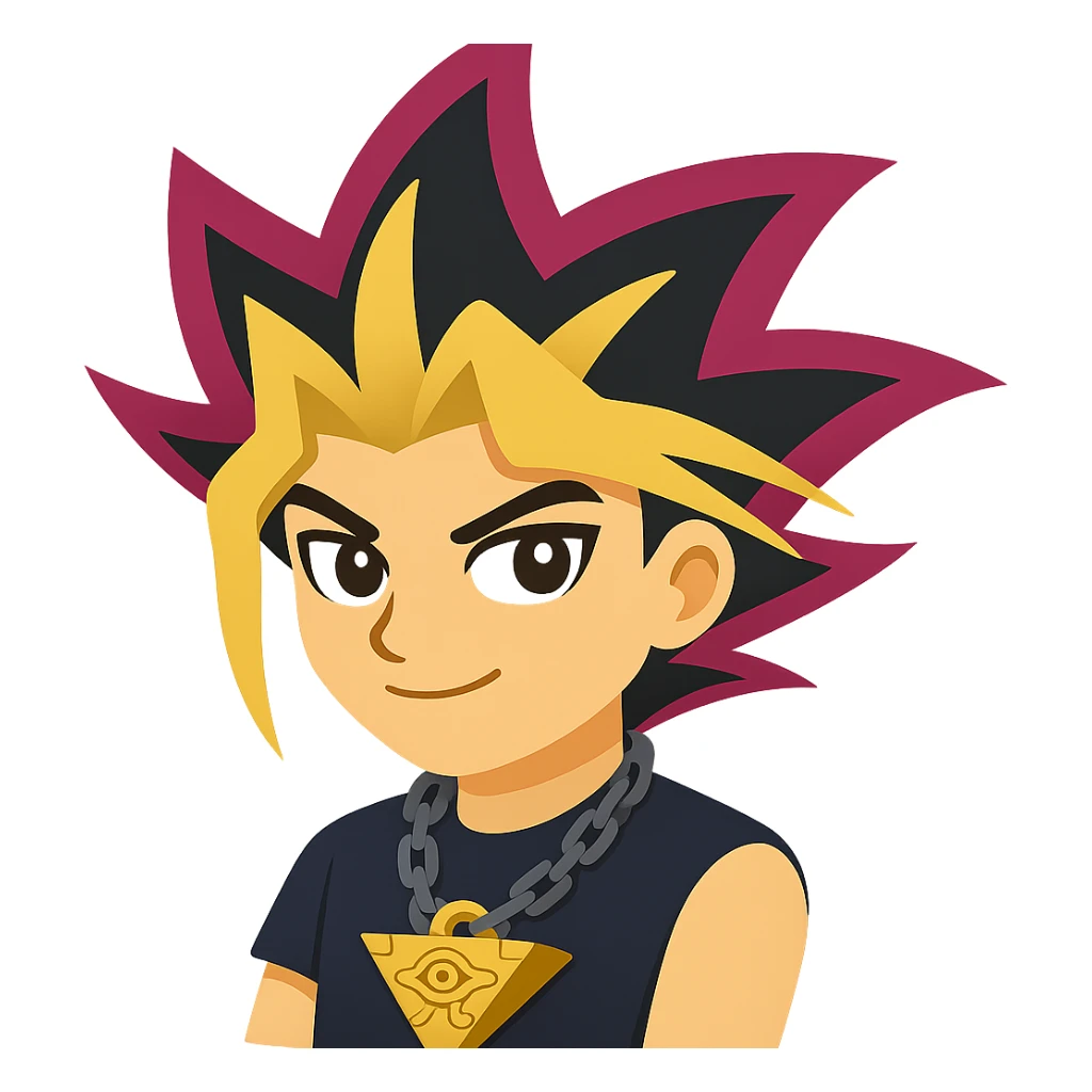 Create an emoji style version of Yugi from Yu-Gi-Oh inspired by the reference image. Expression should be determined with tricolor hair blowing in the wind and Millennium Puzzle necklace. The style should resemble apple style emojis with concise details. sticker
