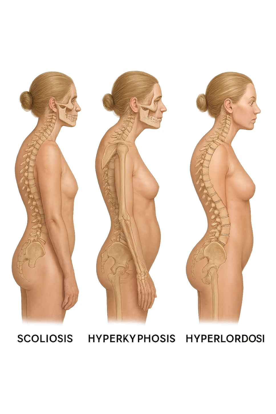 fai un immagine identica che riguarda 3 posture scorrette: scoliosi, ipercifosi e iperlordosi. falla iperrealistica anatomica in 4k sticker