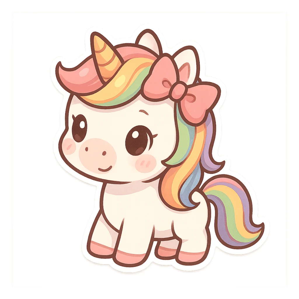 chibi sticker-style unicorn with a bow and rainbow mane, cute and exaggerated sticker