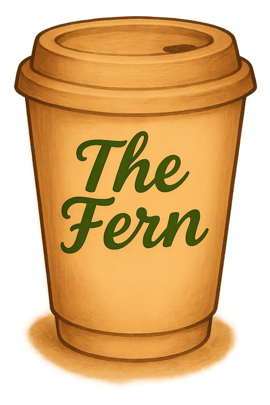 Change the letters that say 'The Fern' to green, keep the handwritten script and cozy, inviting vibe on the to-go cup. Maintain the cozy and inviting vibe with a handwritten script style for the text. sticker