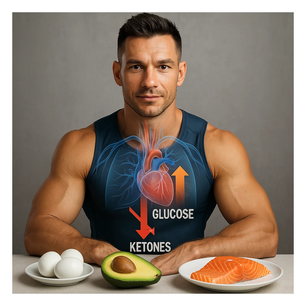 athletic man in 4K sitting at a table with ketogenic foods (eggs, avocado, salmon), anatomical overlay showing glucose reduction and increased ketones in the blood sticker
