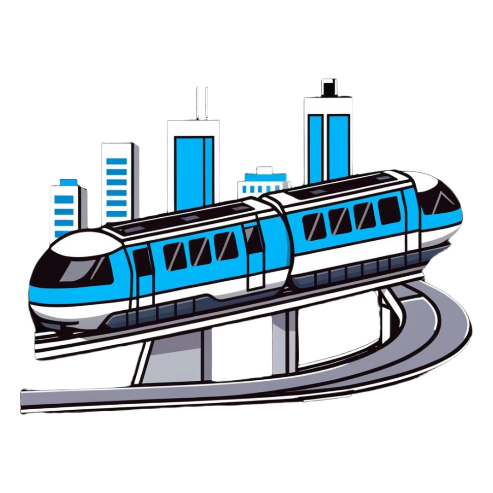 Futuristic monorail train curving above a cityscape with tall buildings sticker