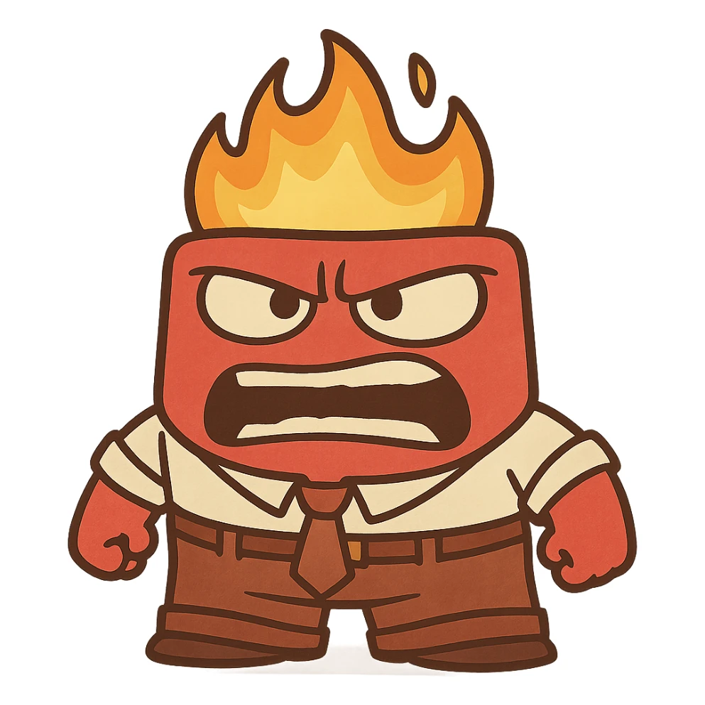 Anger character, red, short and square, white shirt, brown pants, flames for hair, expressive cartoon sticker