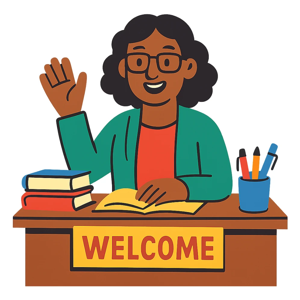teacher at desk, welcoming, approachable sticker