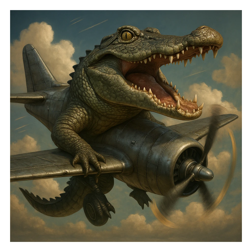 Make this crocodile with bomber plane wings and propellers realistic with lifelike crocodile, metallic plane parts, detailed textures, and photorealistic style. sticker