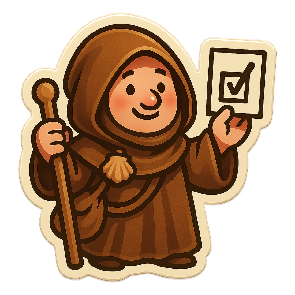 medieval pilgrim holding a voting slip, brown cloak, cute and funny, sticker style sticker