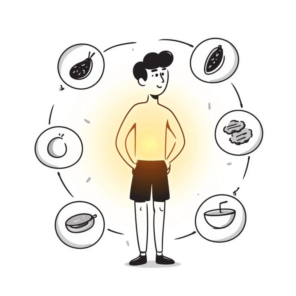 A warm glowing orb with food icons (meat, egg, beans, tofu, yogurt) orbiting around a semi-transparent muscular human body. The body is illuminated from within, with subtle muscle fibers that vibrate and expand. sticker