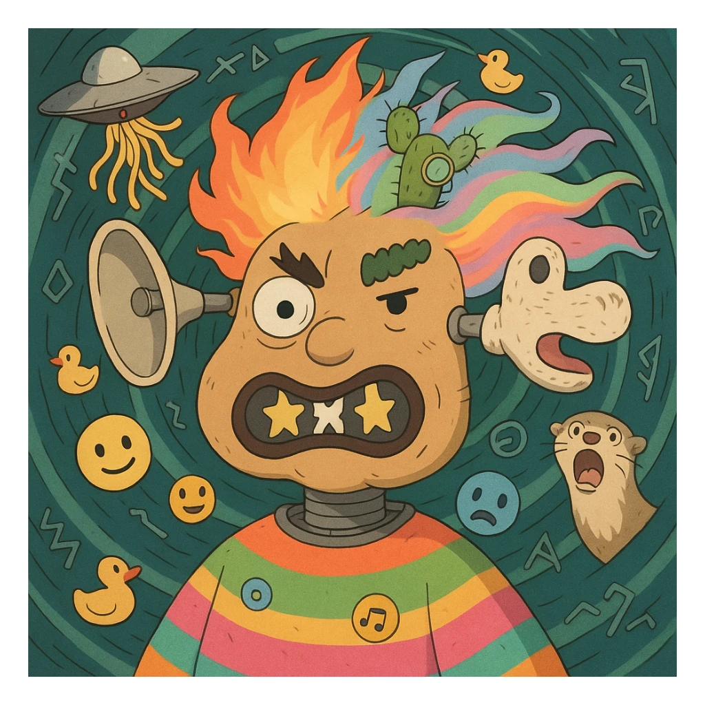 chaotic character with lumpy stretched potato face, mismatched eyes (one googly, one angry dot), glitching mouth, star teeth, big nostril, wild eyebrows (lightning bolt, caterpillar), satellite dish and sock puppet ears, explosive fire and pastel rainbow hair with cactus wearing monocle, UFO dropping spaghetti, robotic body in neon poncho with floating emojis, vortex background with rubber ducks, runes, screaming ferret sticker