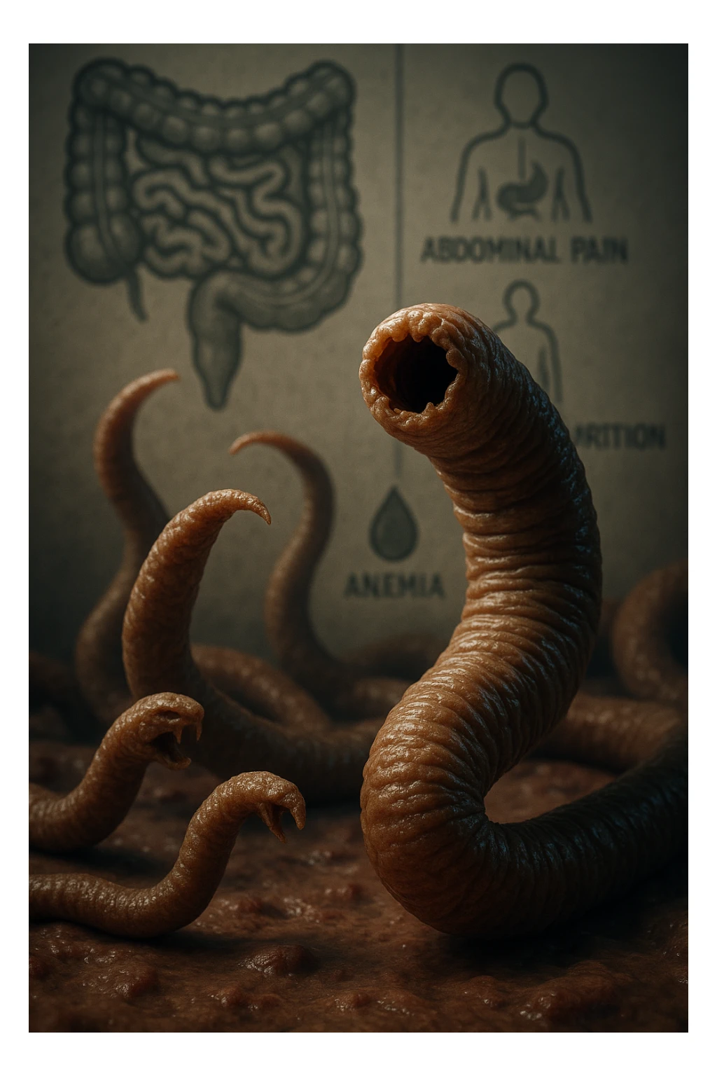 Vertical, cinematic, realistic image of intestinal parasites in focus, with background elements suggesting the diseases they cause. Dramatic clinical light, 2:3 aspect ratio. sticker