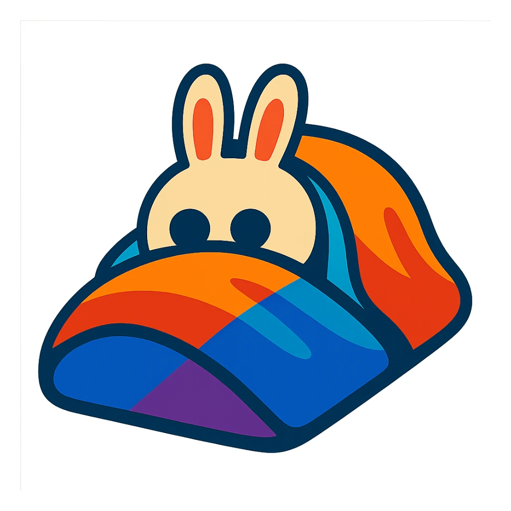 cream bunny lying under blanket, only eyes showing, vibrant-toon style sticker