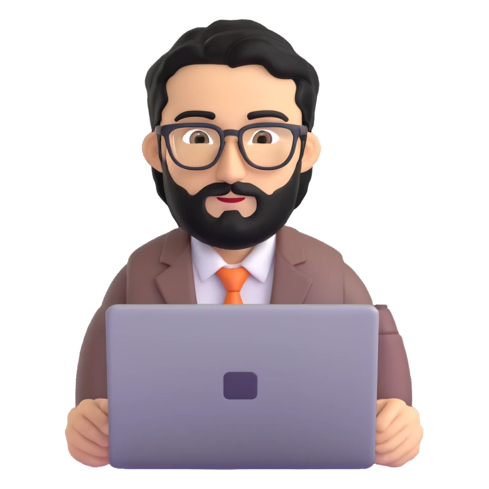 single professional man with medium black beard, neat black hair, connected unibrow, olive tan skin, brown eyes, glasses, prominent nose, wearing clean business casual attire, holding a laptop, centered portrait sticker