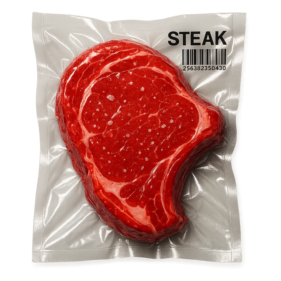 juicy steak sprinkled with tiny crystals, shiny and inflated, vacuum-sealed style sticker