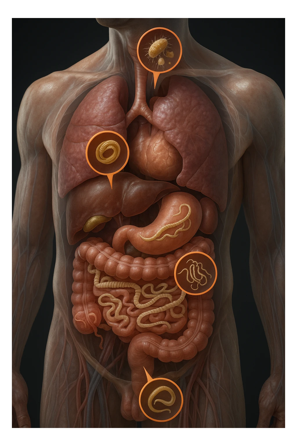 Vertical, hyper-realistic 3D cutaway illustration: the human body is shown in semi-transparent layers, exposing various types of parasites (tapeworms, roundworms, protozoa) inside the digestive tract and other organs. The parasites are rendered in vivid detail, with realistic lighting and shadows. Key areas of infection are highlighted sticker