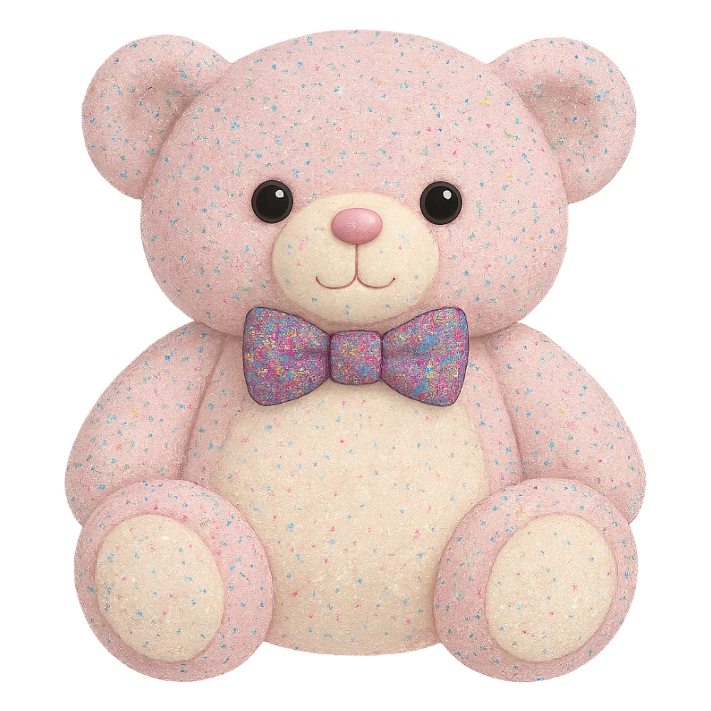 Change the glitter on the teddy bear and bow tie to multicolored glitter, keeping the pink and white fur, flat lighting, no shadows or background, soft plush look, maintain transparency. The style should reflect a soft plush teddy bear with a transparent background and no shadows. sticker