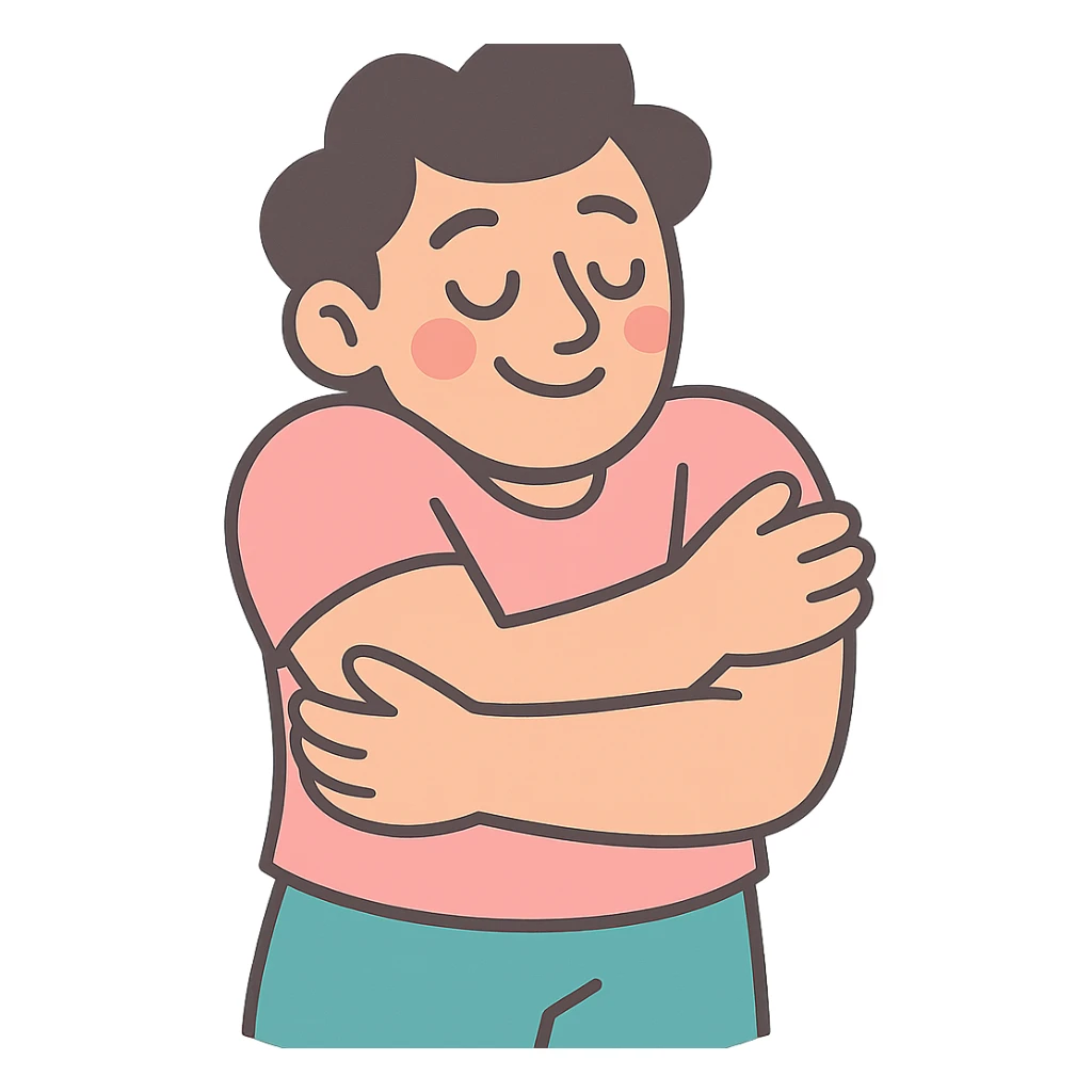 person hugging themselves, symbol of self-support, pastel toon style, clear contours, soft shadows and highlights, white outline sticker