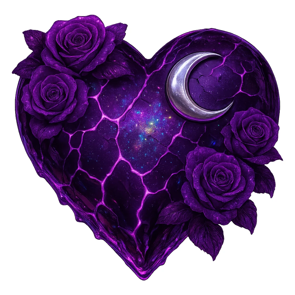 Edit the gothic heart to have cracked deep purple glass, a silver crescent moon, purple roses, shimmering holographic stardust, neon lightning accents, and a glossy wet appearance. Keep the background transparent. The style should reflect a detailed and vibrant gothic aesthetic with emphasis on the glass texture and reflective wet surface. sticker