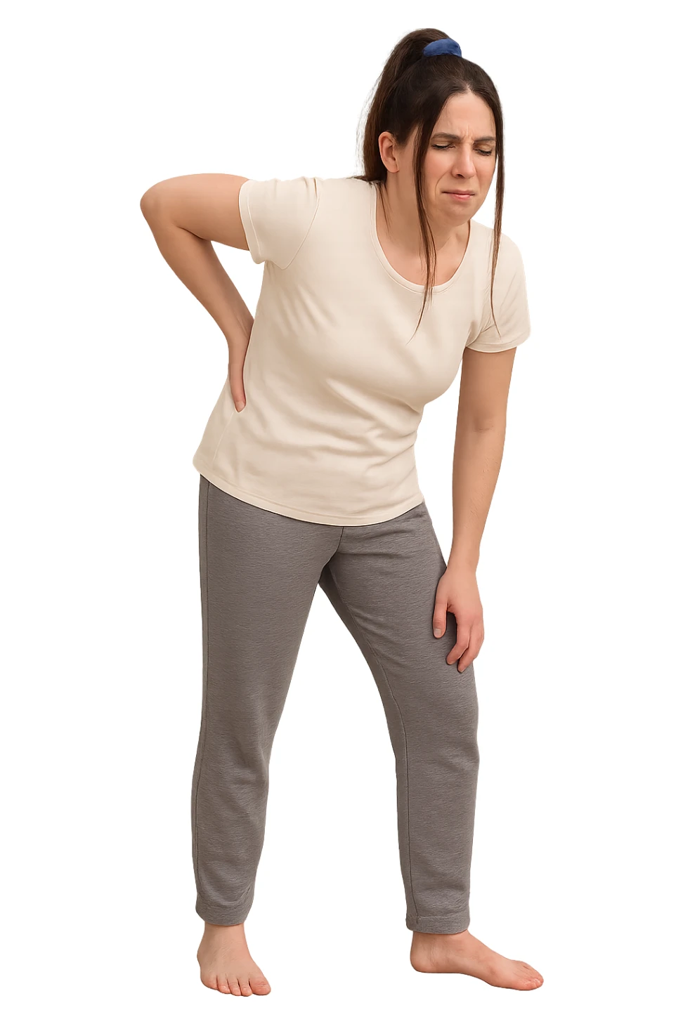 a woman in her 30s  holding her lower back with a pained expression. Subtle visual cues, like uneven shoulders or hips, hint at postural asymmetry. symbolizing chronic pain over the years. vista anatomicamente non farla troppo grassa sticker