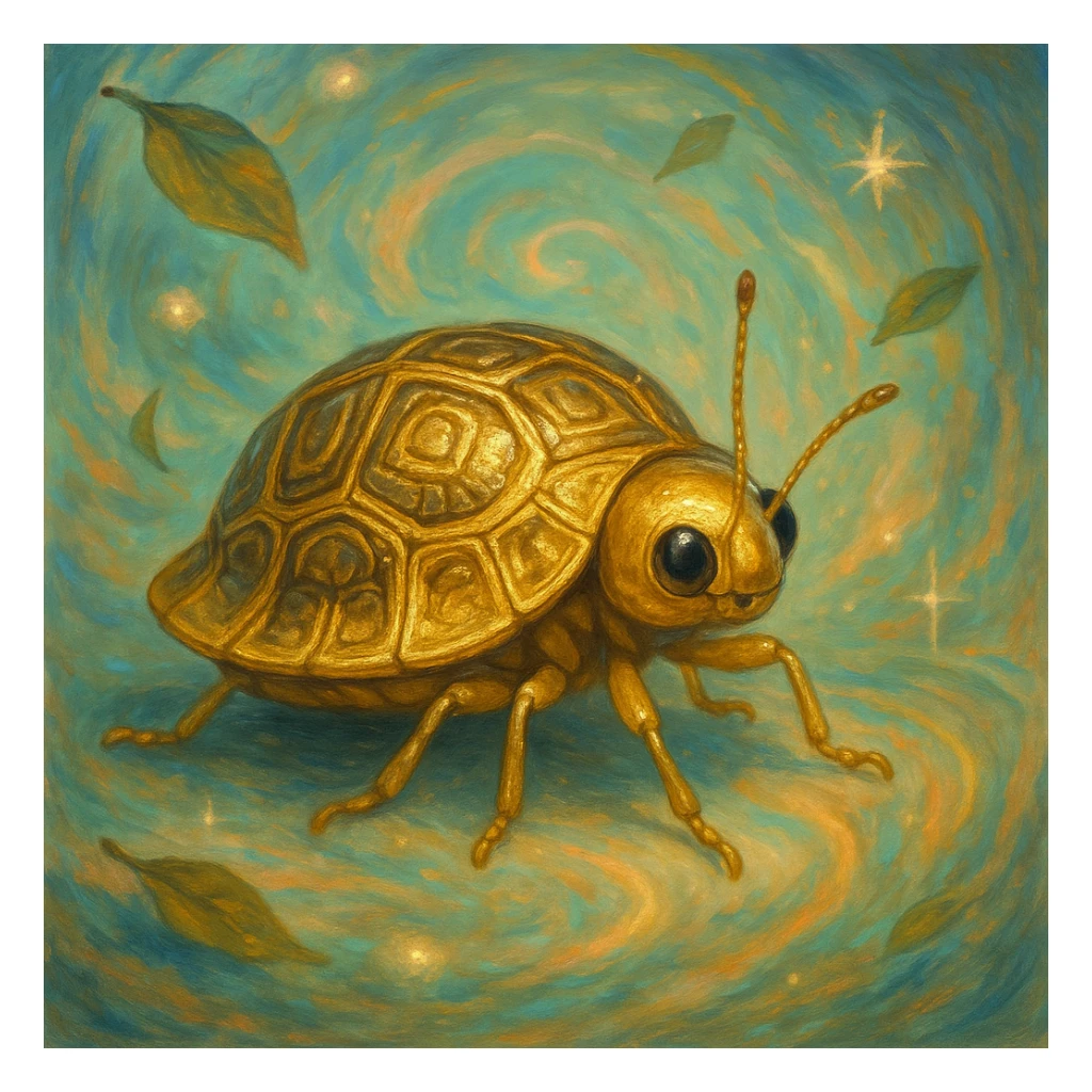 Golden Tortoise Beetle with a tortoise shell-like carapace, whimsical and imaginative surreal art style sticker