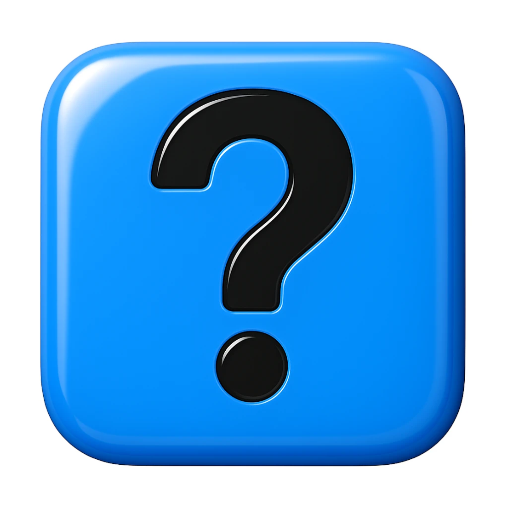 A 2D blue square with a black question mark, add a glossy shine effect, in emoji style. sticker