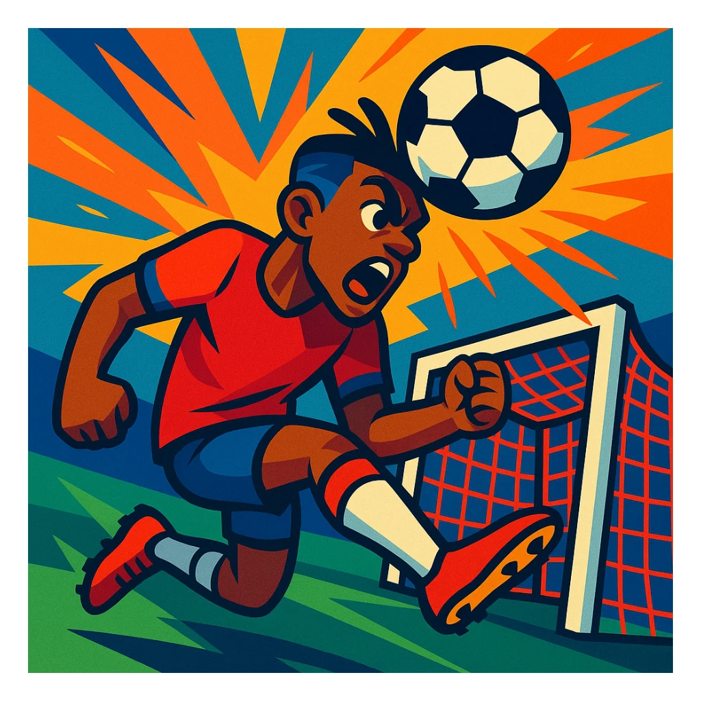 a footballer scoring a header, vibrant action, dynamic pose, energetic cartoon style, colorful, dramatic moment, expressive, stylized illustration sticker