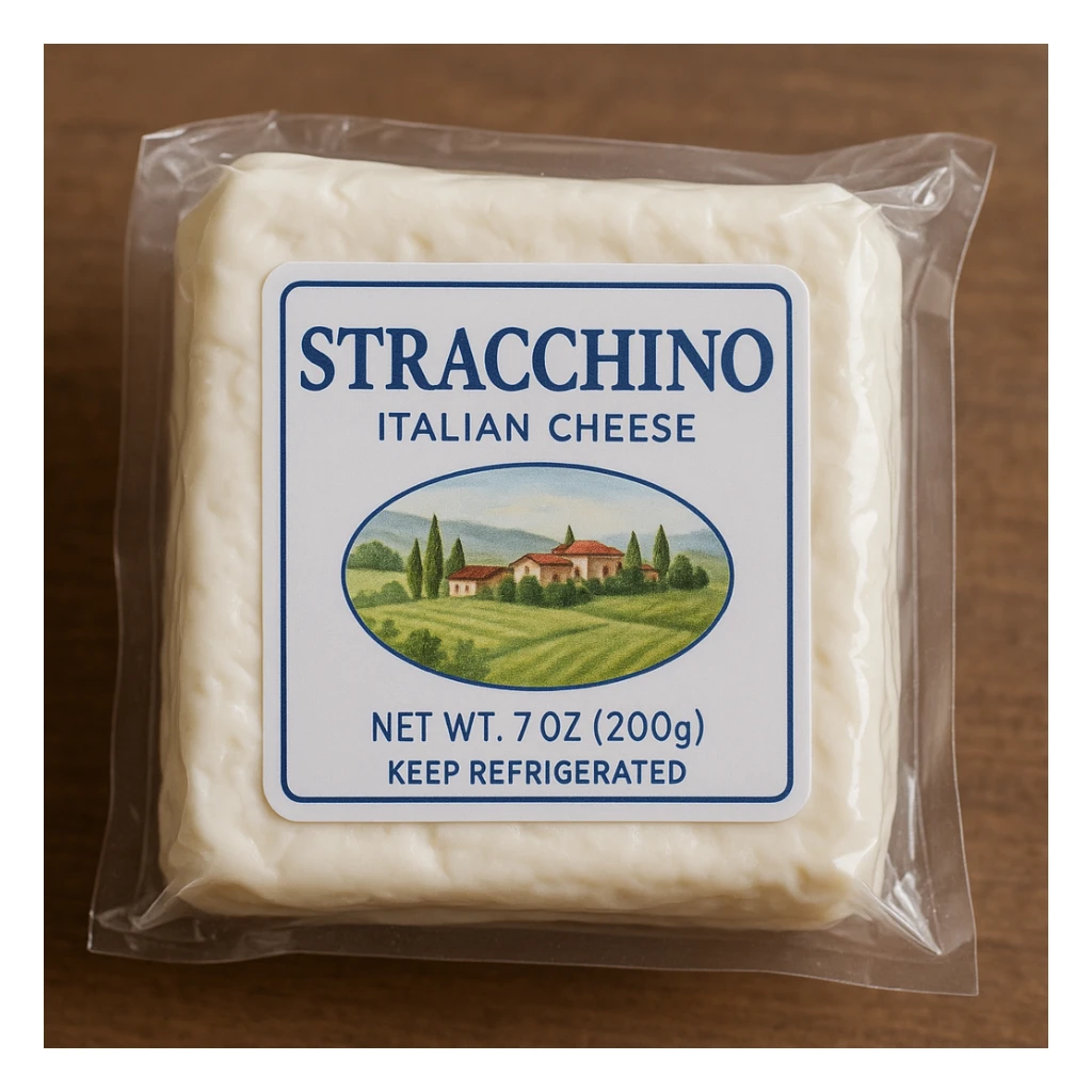 realistic photo of Italian stracchino cheese, stracchino in transparent packaging with label sticker