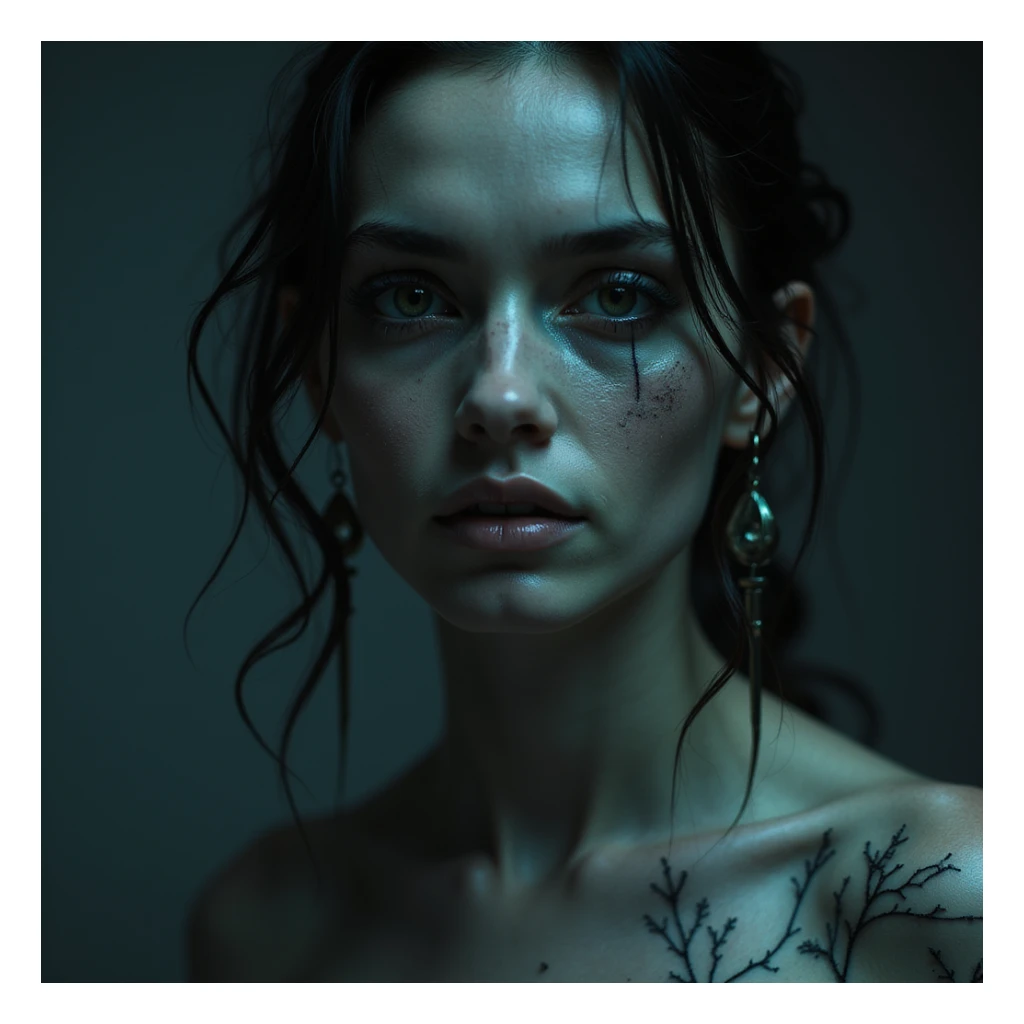 realistic horror portrait of a supernatural beauty with sharp features, ghostly glow, gothic earrings, horror lighting sticker