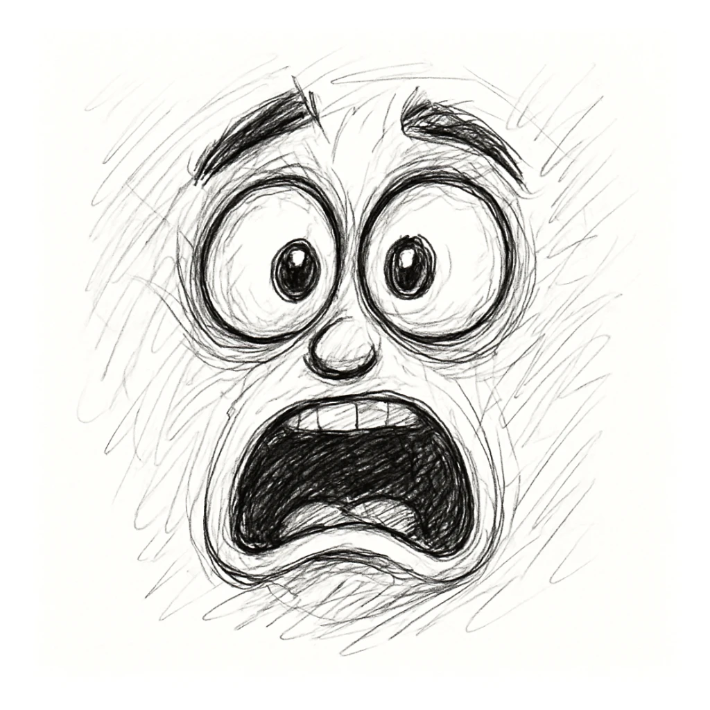 Make the shocked face even more expressive and exaggerate the emotion in a hand drawn doodle style. Emphasize wide eyes, open mouth, and dramatic facial features with sketchy, hand drawn lines and a doodle aesthetic. sticker