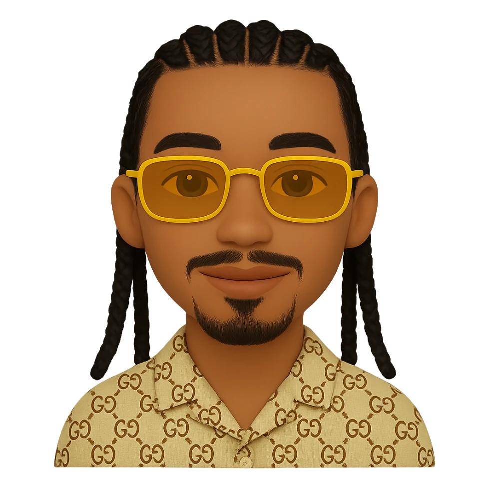 Create an emoji style smiley with a thin face, slightly lighter skin tone, beard only on the chin and a small mustache under the nose (no beard on the cheeks). The hair is black with very detailed braids as shown in the reference photos. The character wears rectangular golden sunglasses and a beige top with a GG pattern and visible collar. The background should be transparent. The details of the braids and face should be faithful to the reference photos. sticker