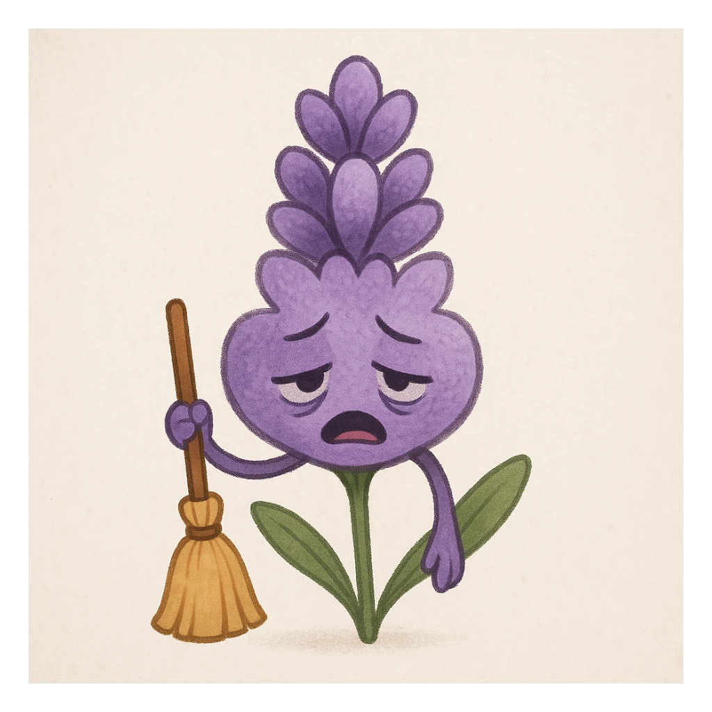 cute soft purple lavender flower holding a small broom, showing a very tired expression sticker