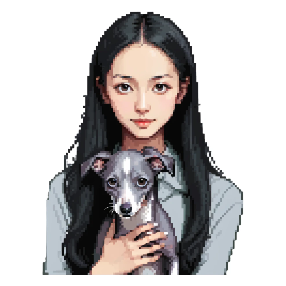Slim Chinese girl with long black hair holding solid grey Italian greyhound with no white markings on nose sticker