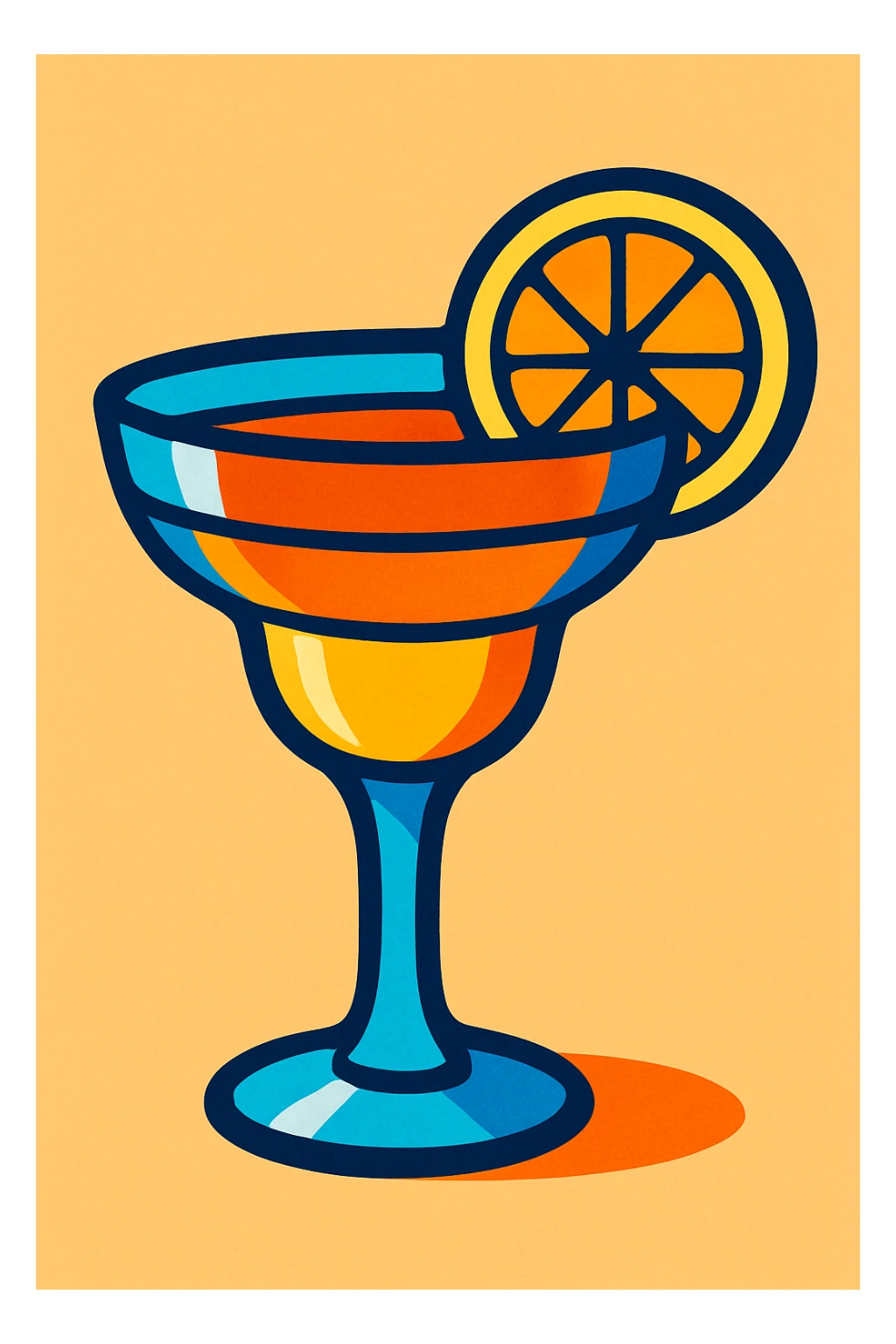 A colorful cocktail glass with a citrus garnish sticker