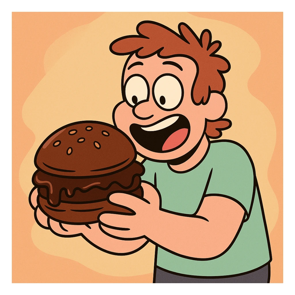 a chocolate burger, cartoon style, colorful, fun, playful sticker