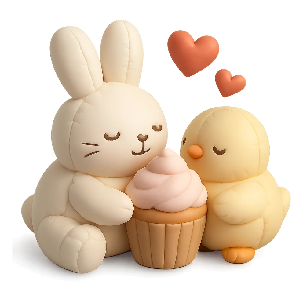 bunny and chick sharing cupcake with hearts floating, cushion style sticker