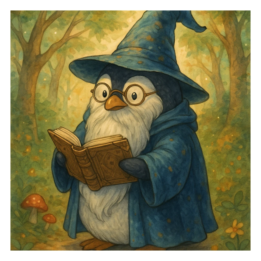 a chubby penguin wizard with glasses, a long beard, and a spellbook, fantasy illustration style sticker