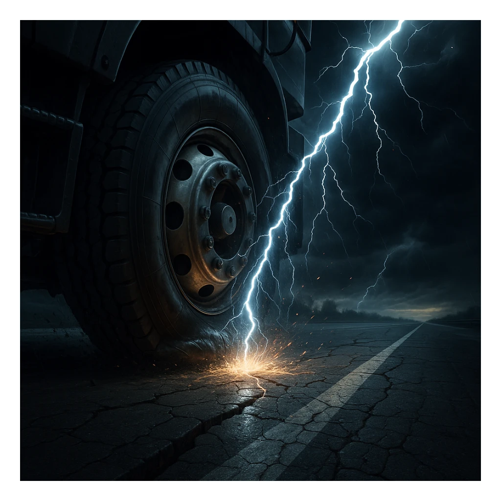 a flat semi truck tire on a highway being struck by lightning, dramatic, dynamic, realistic illustration sticker