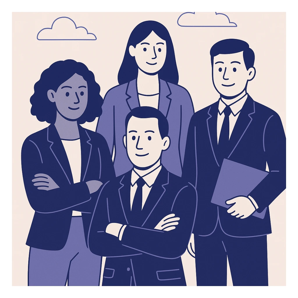 a group of diverse professionals in business attire, standing together confidently, modern illustration style sticker