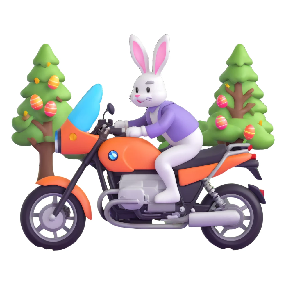 Easter bunny riding a BMW boxer motorcycle with trees and grass in the background and colorful Easter eggs hidden in the grass sticker