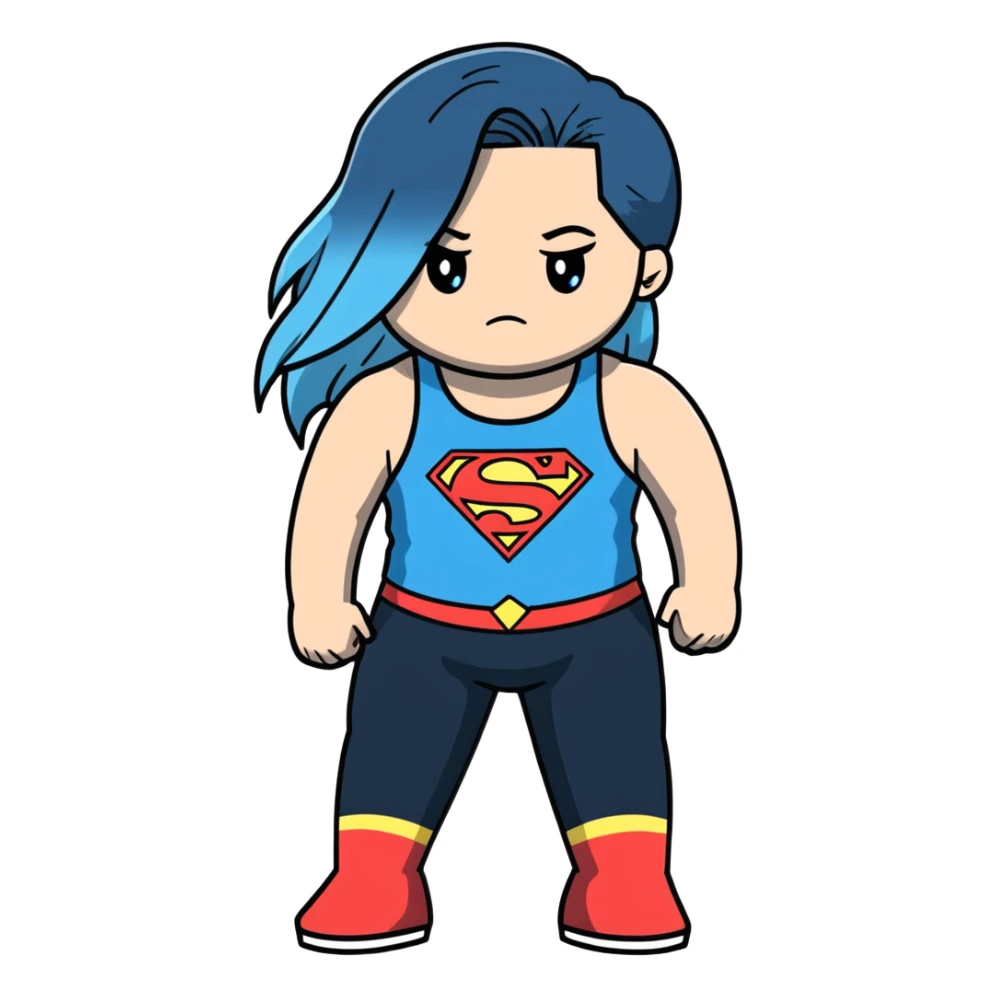 Beautiful-shameful look on face-very long and very straight black to sky blue ombre hair-blue sad eyes-cute sky blue lowcut tanktop-black with superman logo- leggings sticker