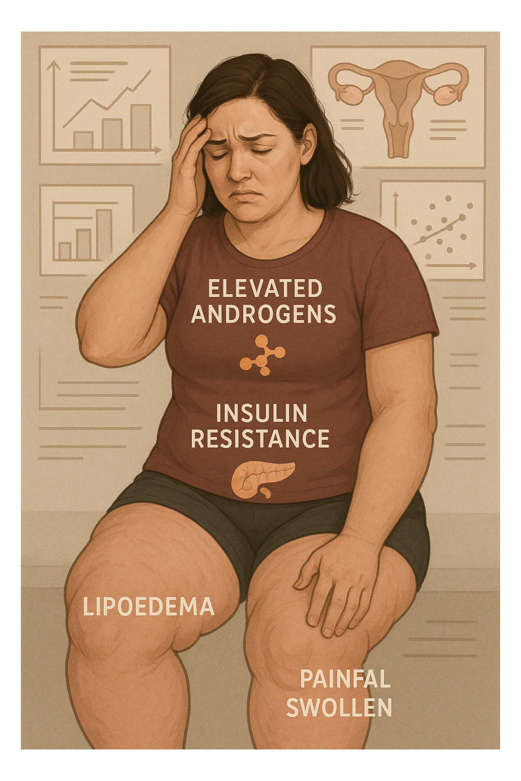 Woman with PCOS struggling with hormonal chaos, transparent overlay showing elevated androgens and insulin resistance affecting her body, lipedema causing disproportionate fat accumulation in legs and arms despite normal torso, expression of frustration with unexplained weight gain, medical charts showing complex endocrine dysfunction, painful swollen limbs contrasting with metabolic confusion sticker