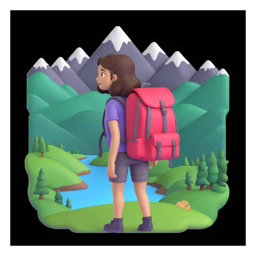 portrait of girl back packing mountains in background, close up pose sticker