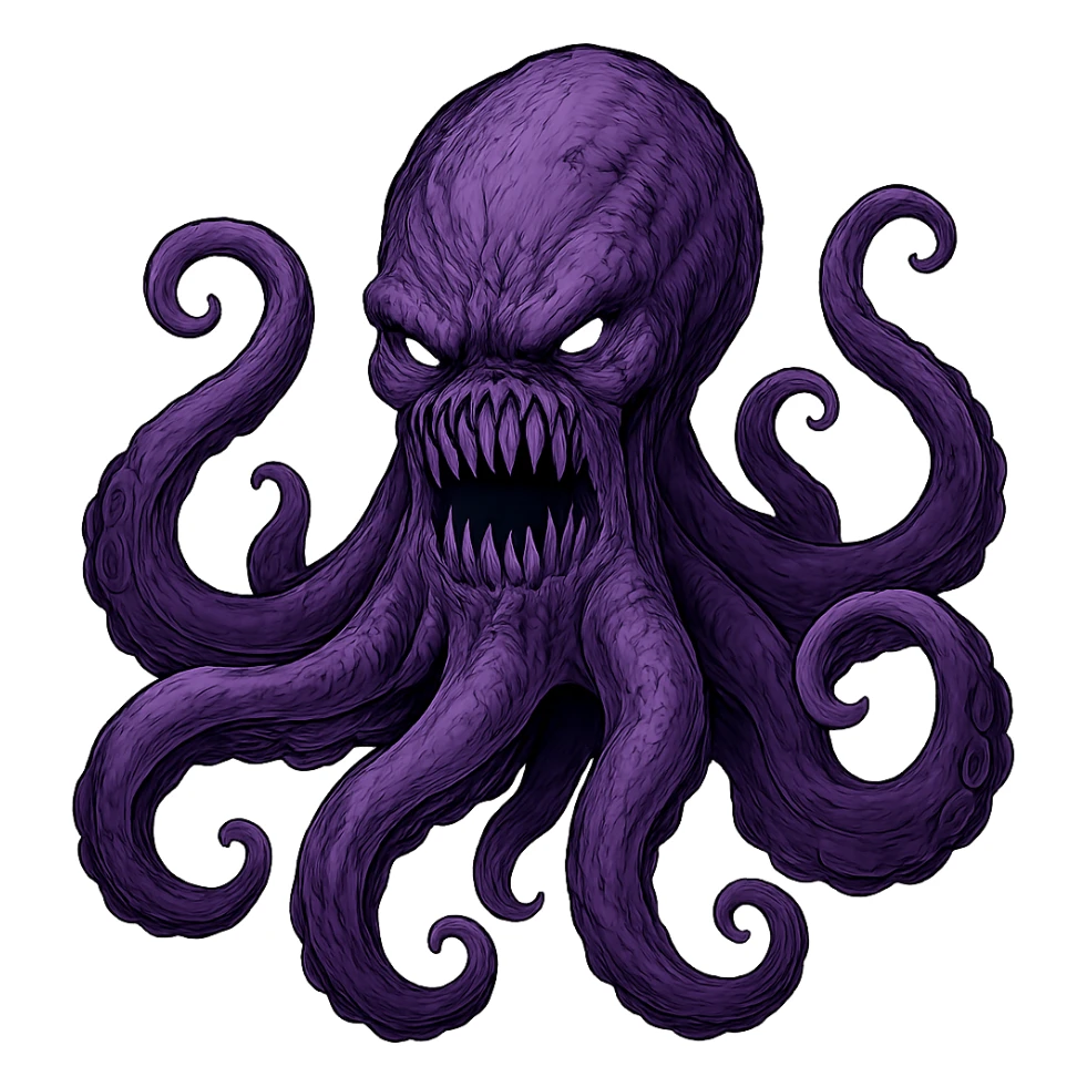 Remove the nose, make the octopus look scary, keep the purple color, with no background. Maintain the original style and details of the octopus while making it look scary and purple. sticker