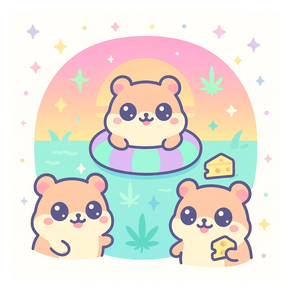 Discord server icon, square, super cute pool party at sunset with up to 3 kawaii hamsters, weed leaves, cheese, THC theme, no disco ball, synthwave vaporwave style, pastel neon colors, dreamy gradients, sparkles, nostalgic, fun, inviting, summer party vibe, clear composition sticker