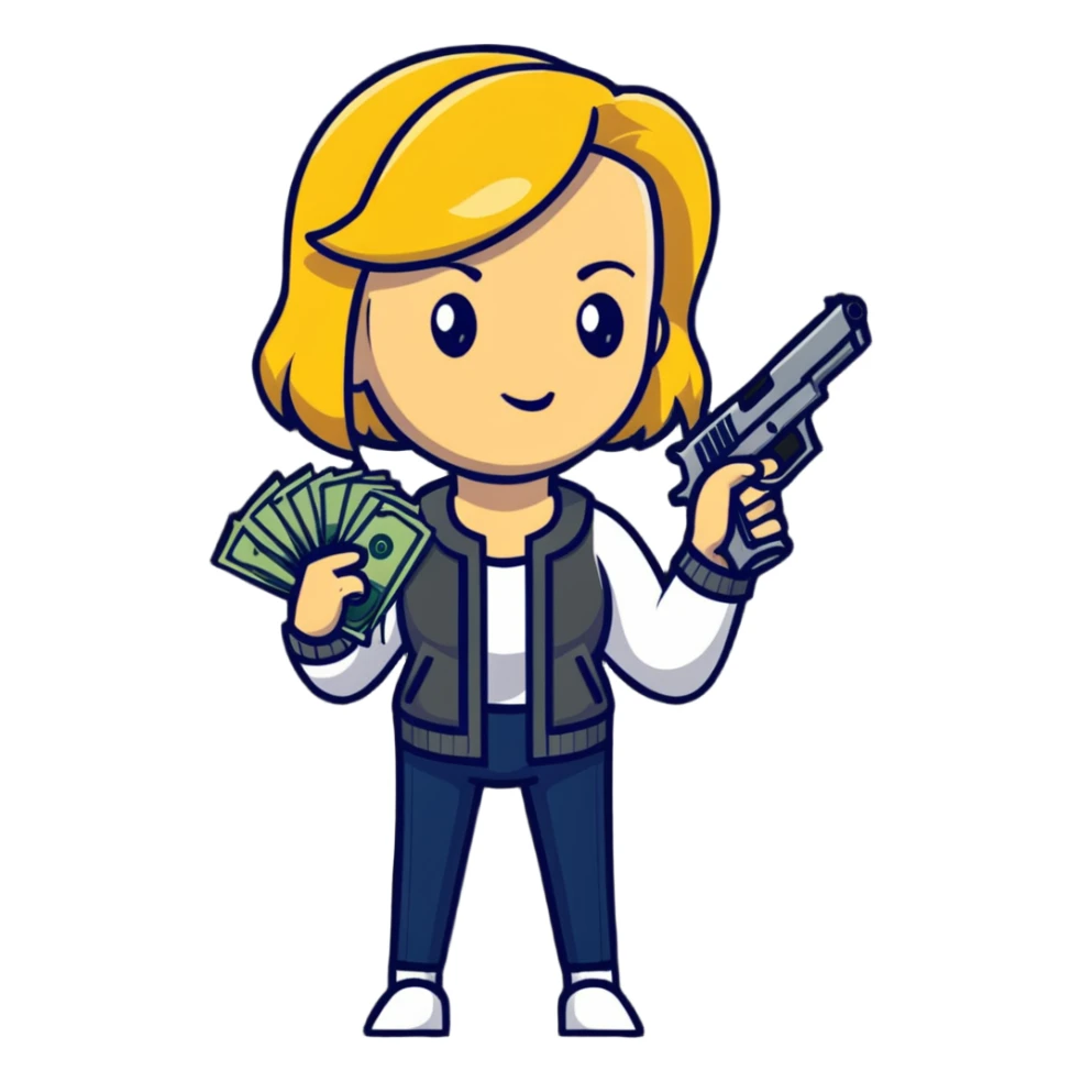 Mafia style. Women blonde. Gun, money  sticker
